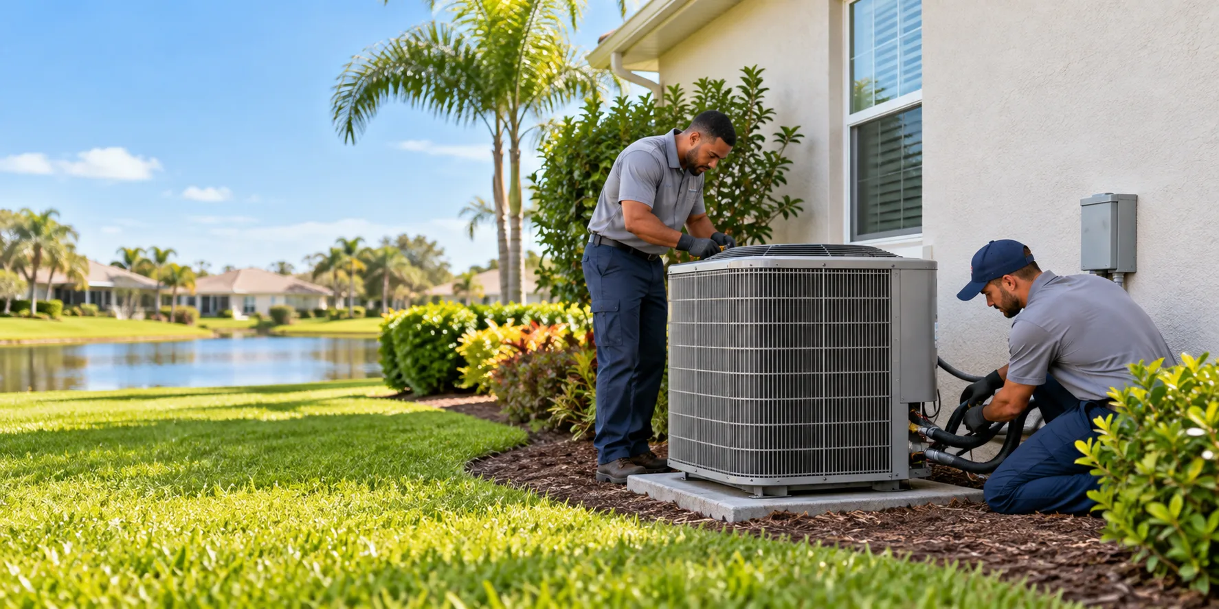 HVAC technicians installing a central AC condenser in Orlando, Florida