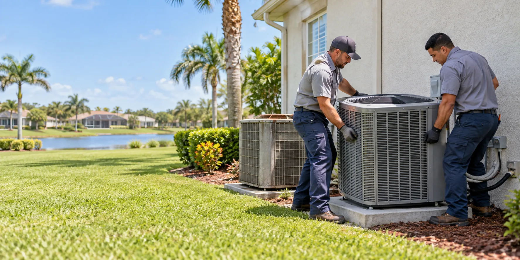 HVAC crew replacing an outdoor air conditioner in Orlando, Florida