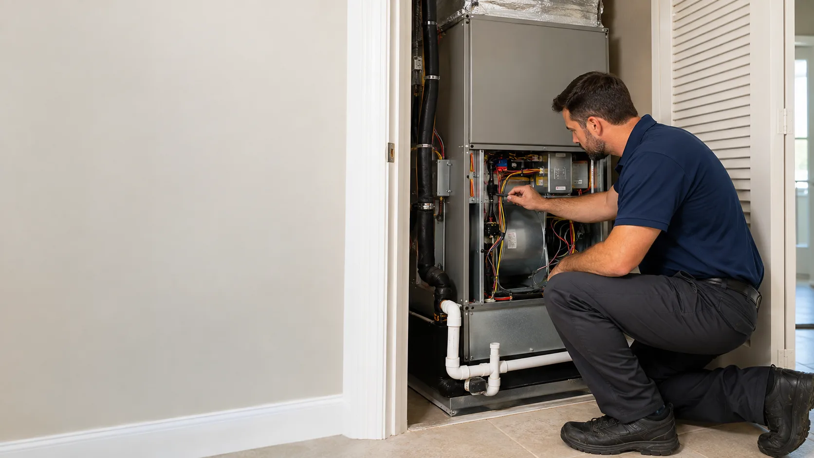HVAC technician inspecting an air handler for replacement in Orlando, Florida
