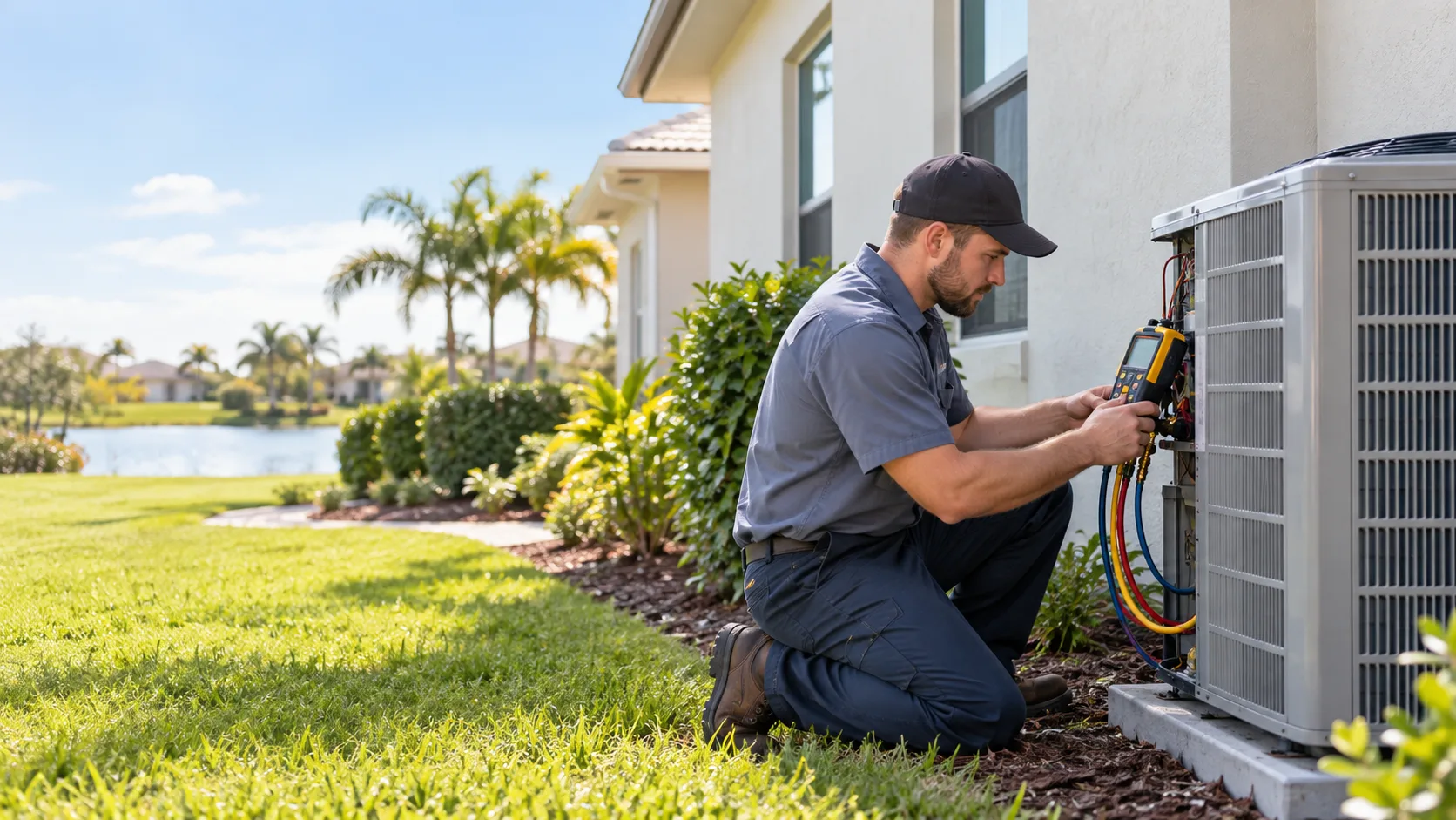 HVAC technician diagnosing an emergency AC repair in Orlando, Florida