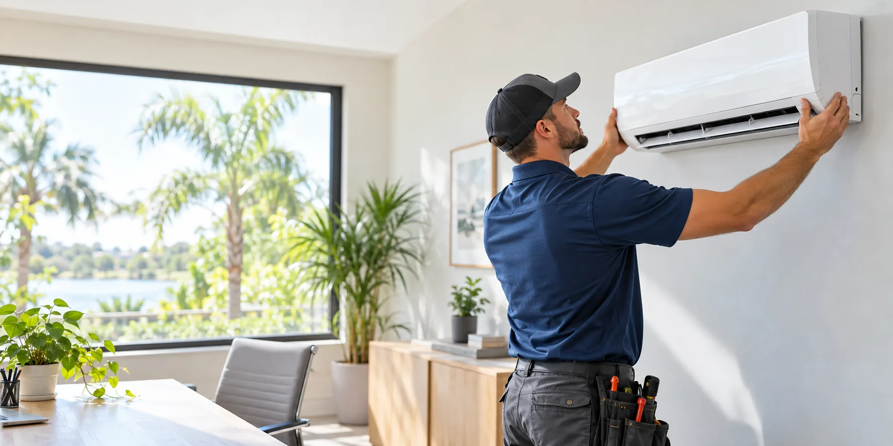 HVAC technician installing a ductless mini split in an Orlando home